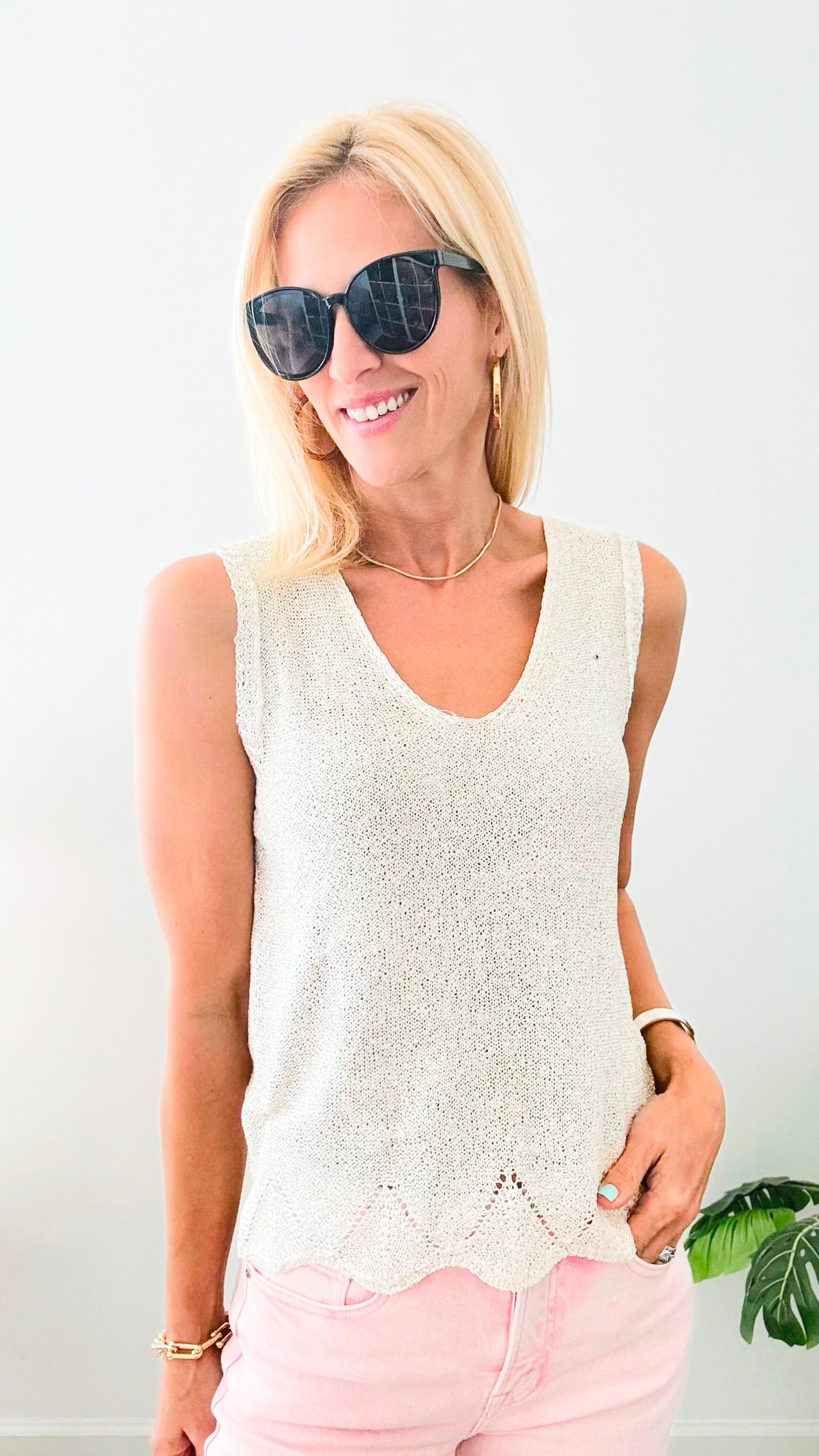 Sequin Fish Net Textured Scallop Hem Sweater Tank - Ivory-100 Sleeveless Tops-Anniewear-Coastal Bloom Boutique, find the trendiest versions of the popular styles and looks Located in Indialantic, FL