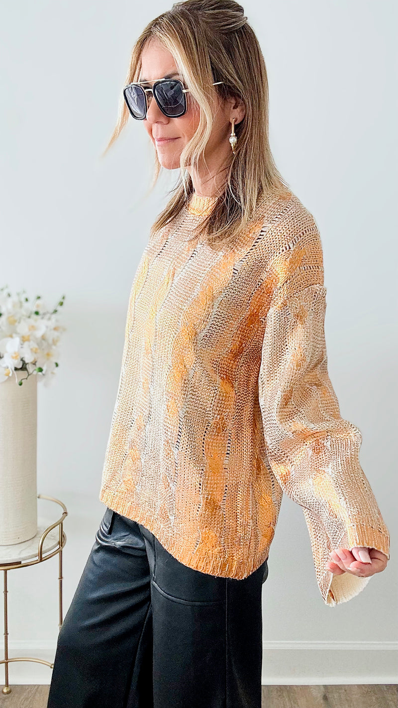 Metallic Cable Knit Relaxed Sweater - Metallic Copper-140 Sweaters-JODIFL-Coastal Bloom Boutique, find the trendiest versions of the popular styles and looks Located in Indialantic, FL
