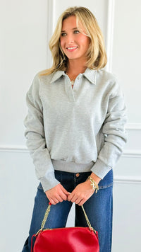 Whispered Grace Polo Top - Heather Grey-130 Long Sleeve Tops-Rosio-Coastal Bloom Boutique, find the trendiest versions of the popular styles and looks Located in Indialantic, FL