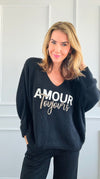 Amour Toujours V-Neck Italian Knit Sweater- Black-140 Sweaters-Italianissimo-Coastal Bloom Boutique, find the trendiest versions of the popular styles and looks Located in Indialantic, FL