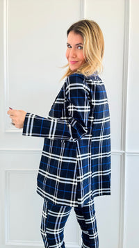 Heritage Plaid Long Blazer - Navy-160 Jackets-Must Have-Coastal Bloom Boutique, find the trendiest versions of the popular styles and looks Located in Indialantic, FL