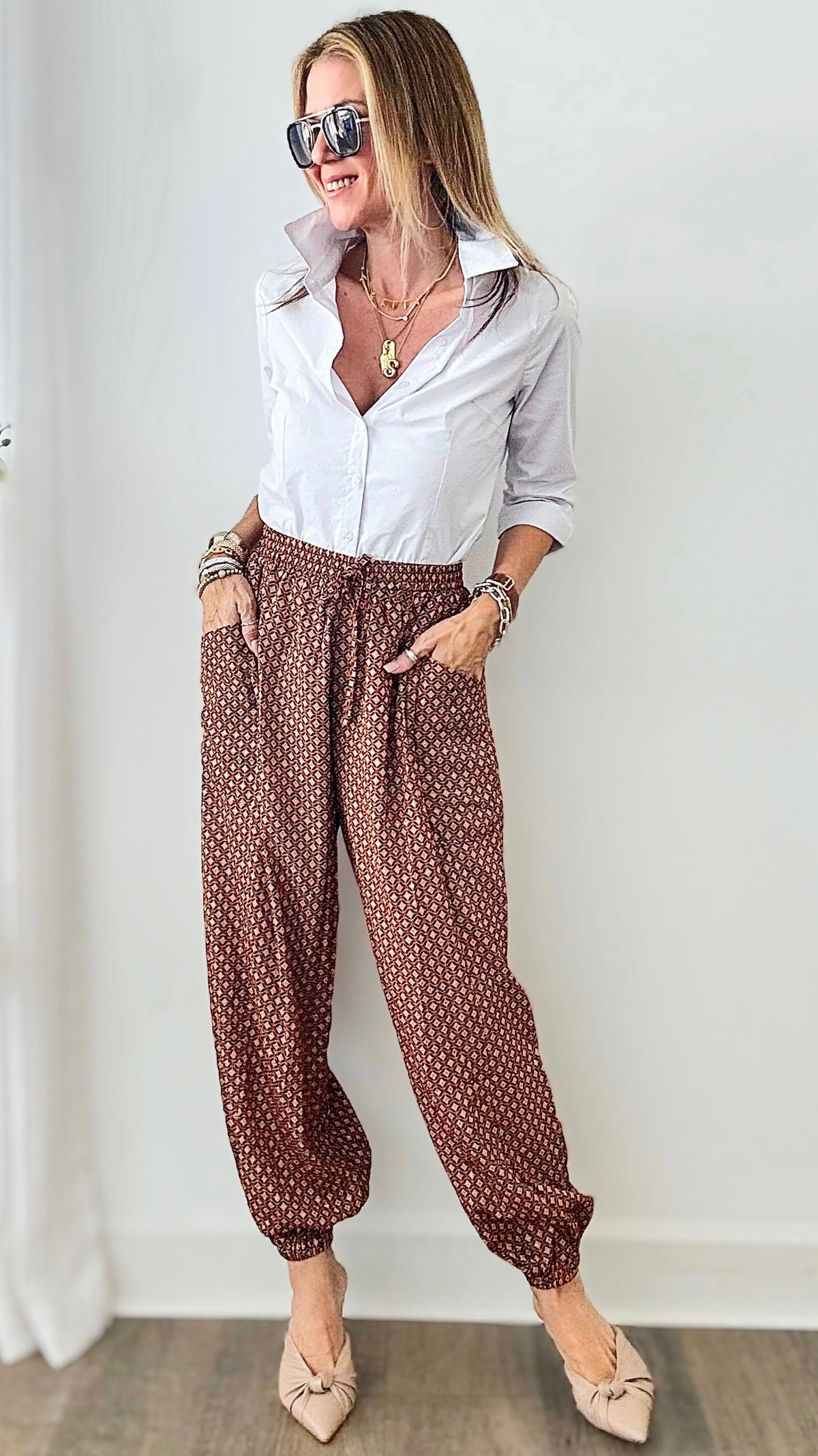 Geo Print Gold Dot Foil Pants-170 Bottoms-GIGIO-Coastal Bloom Boutique, find the trendiest versions of the popular styles and looks Located in Indialantic, FL