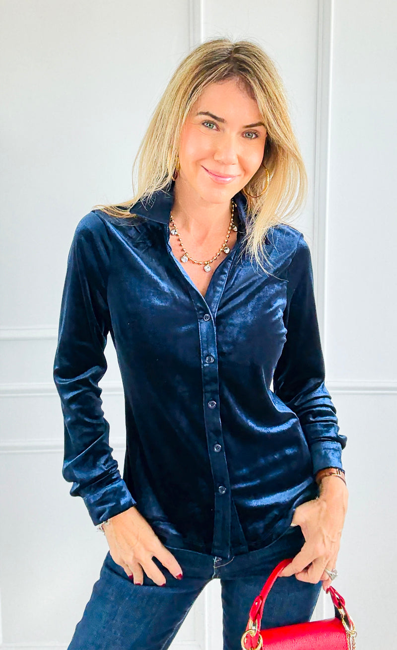 Velvet Crush Button Down Top - Navy-130 Long Sleeve Tops-Must Have-Coastal Bloom Boutique, find the trendiest versions of the popular styles and looks Located in Indialantic, FL