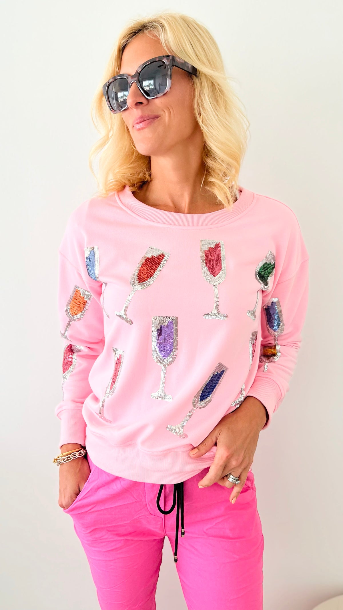 All Over Wine Sweatshirt - Pink-130 Long Sleeve Tops-Why Dress-Coastal Bloom Boutique, find the trendiest versions of the popular styles and looks Located in Indialantic, FL