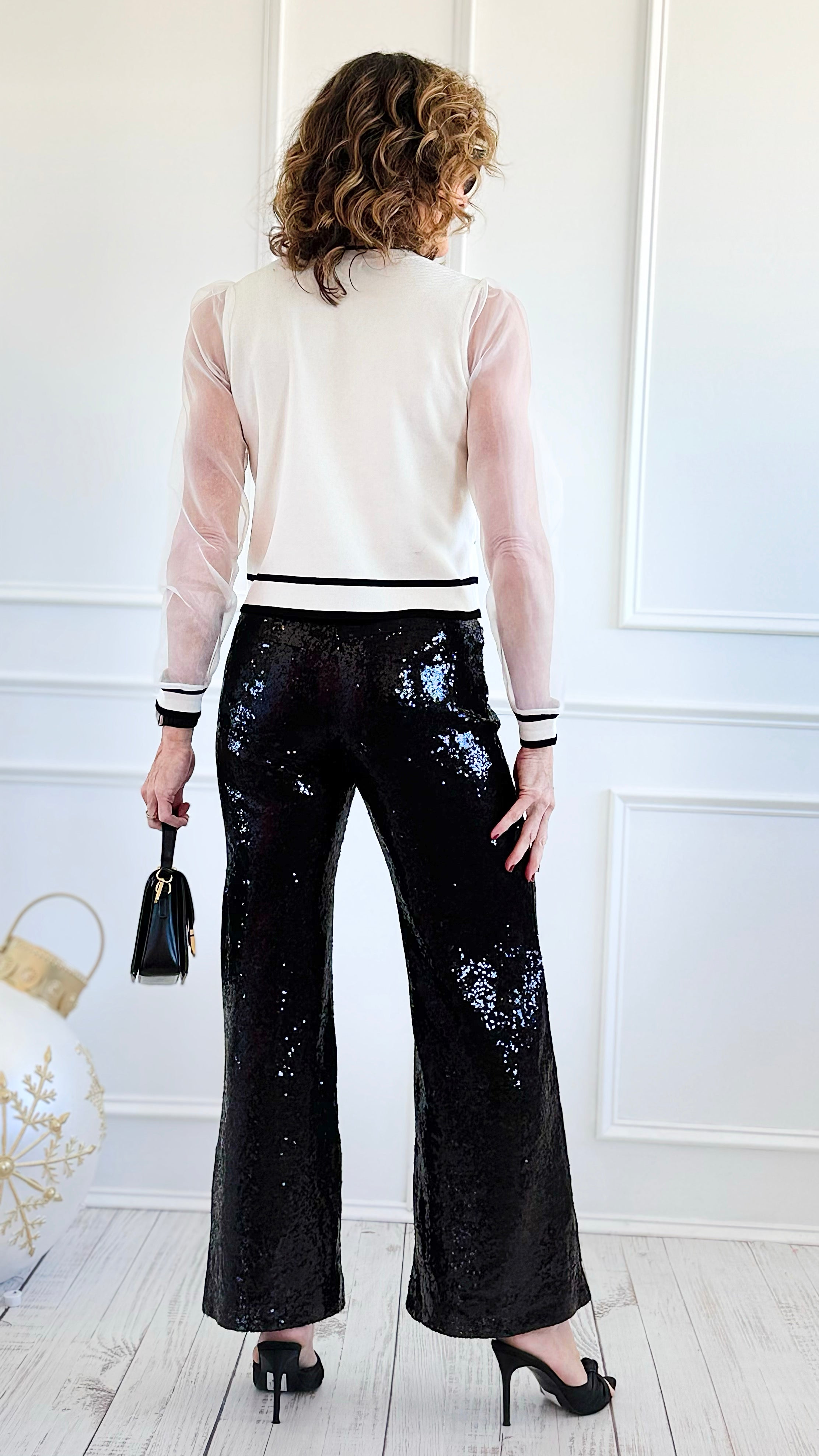 Boujie Holiday Sequin Flare Pants - Black-100 Pants-SO ME-Coastal Bloom Boutique, find the trendiest versions of the popular styles and looks Located in Indialantic, FL