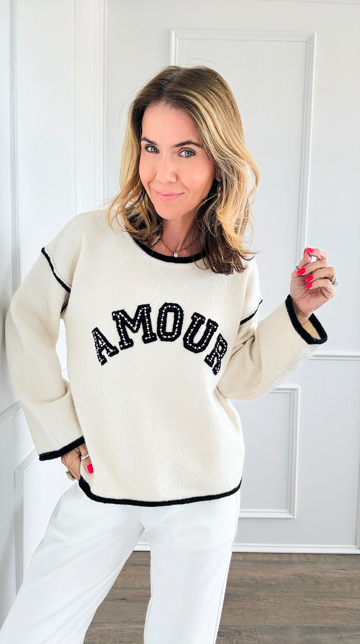 Pearled Amour Italian Sweater- Ecru-140 Sweaters-Italianissimo-Coastal Bloom Boutique, find the trendiest versions of the popular styles and looks Located in Indialantic, FL