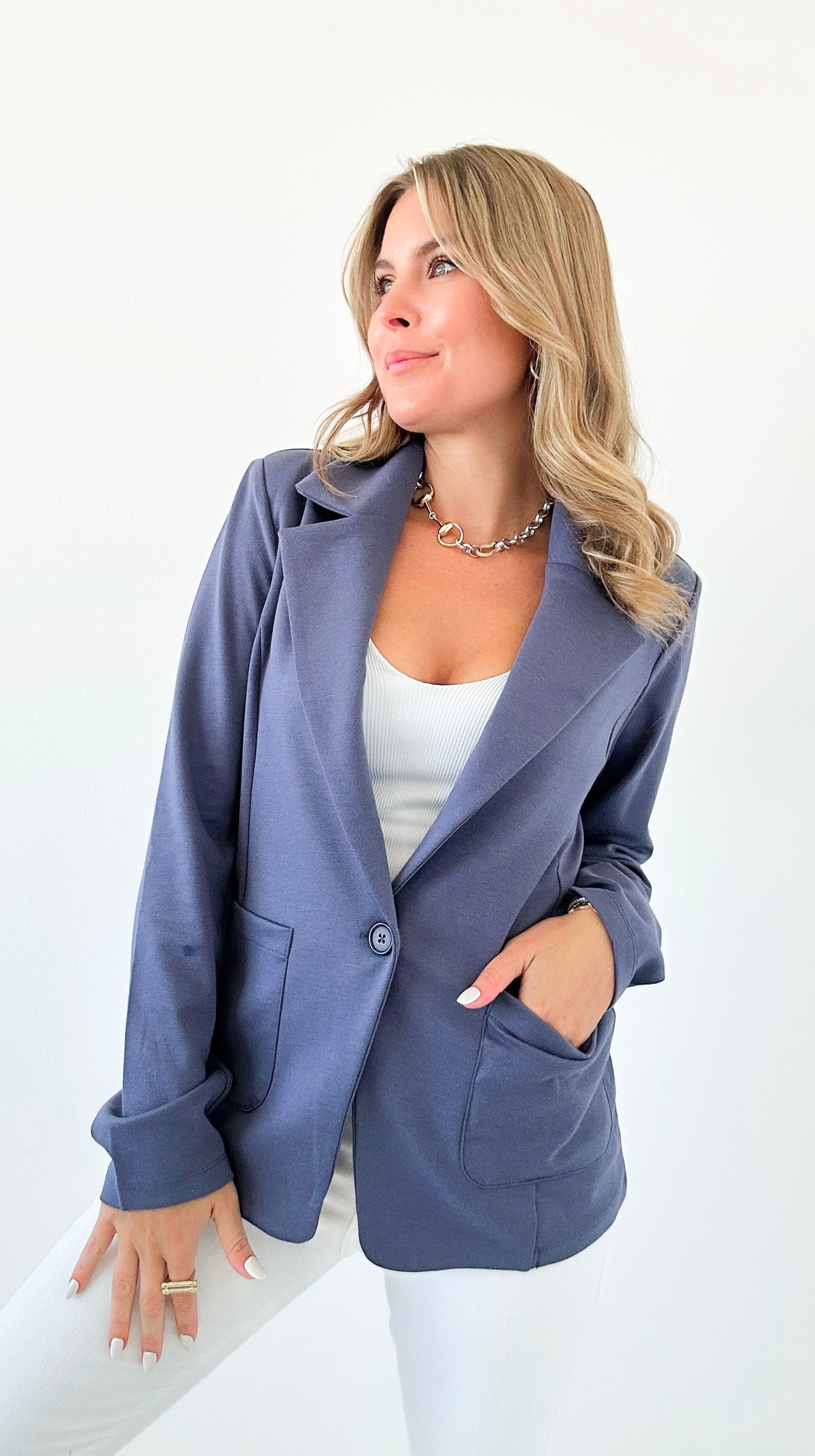 Tailored Ponte Blazer - Slate Blue-160 Jackets-26 INTERNATIONAL-Coastal Bloom Boutique, find the trendiest versions of the popular styles and looks Located in Indialantic, FL