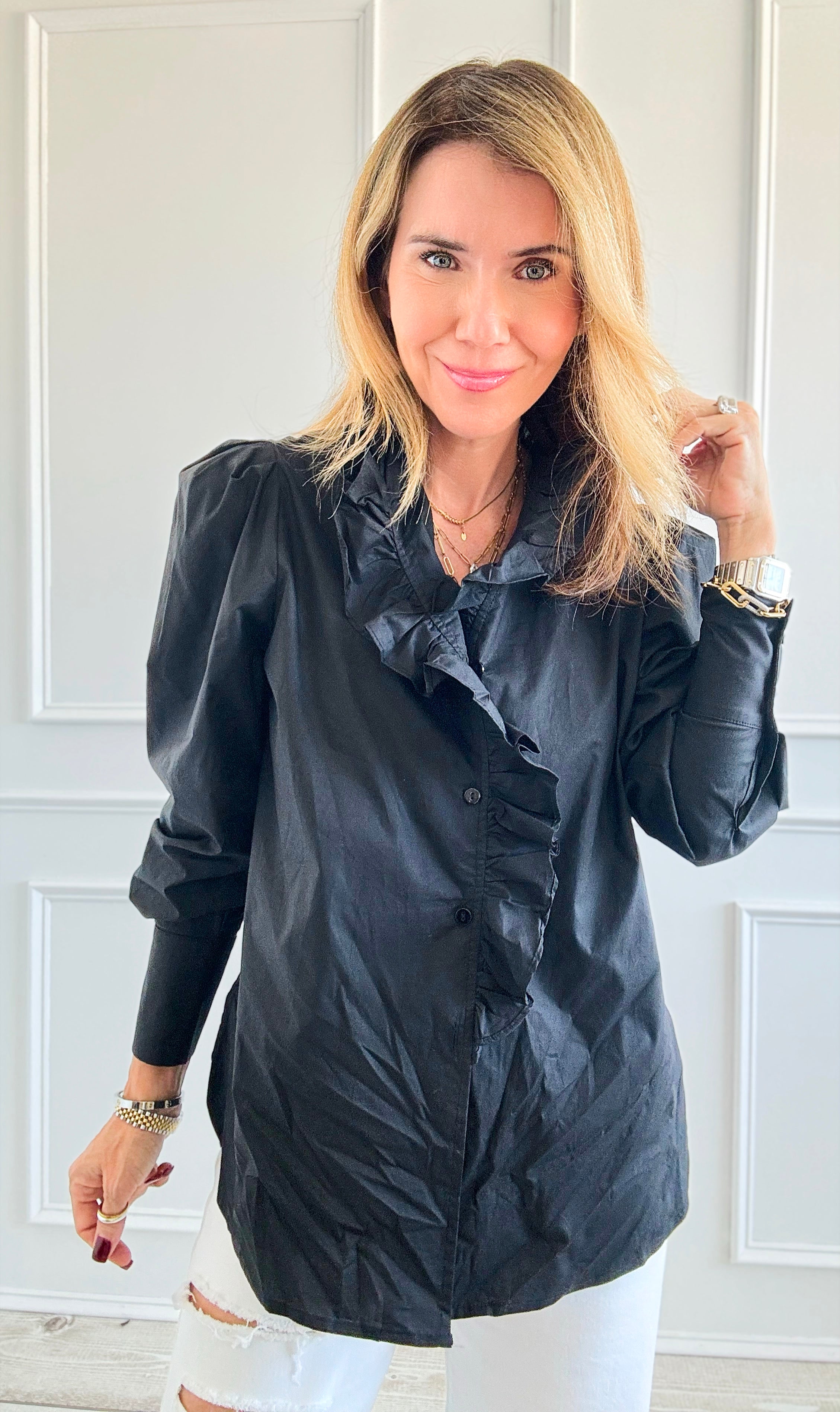 Ruffled Collar Button-Down Blouse- Black-130 Long Sleeve Tops-Cezele-Coastal Bloom Boutique, find the trendiest versions of the popular styles and looks Located in Indialantic, FL