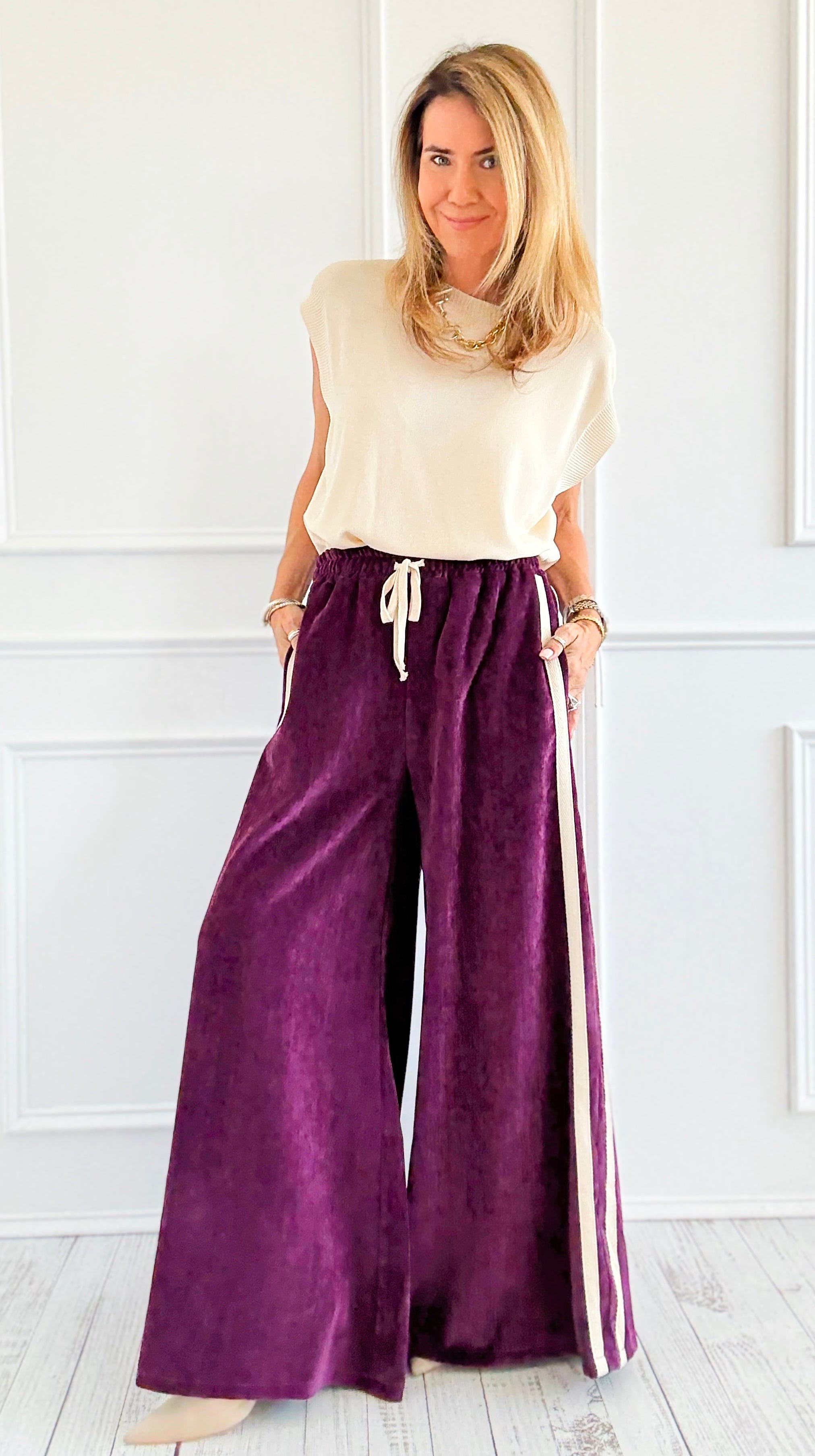 Tracked Threads Italian Palazzo- Plum-100 Pants-AZUL MONACO-Coastal Bloom Boutique, find the trendiest versions of the popular styles and looks Located in Indialantic, FL