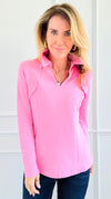 Ruffle Sail Away Polo Top - Pink-130 Long Sleeve Tops-ARYEH-Coastal Bloom Boutique, find the trendiest versions of the popular styles and looks Located in Indialantic, FL