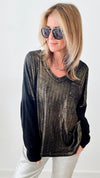 Shimmer and Shine V-Neck Italian Ribbed Pullover - Black-140 Sweaters-Germany-Coastal Bloom Boutique, find the trendiest versions of the popular styles and looks Located in Indialantic, FL