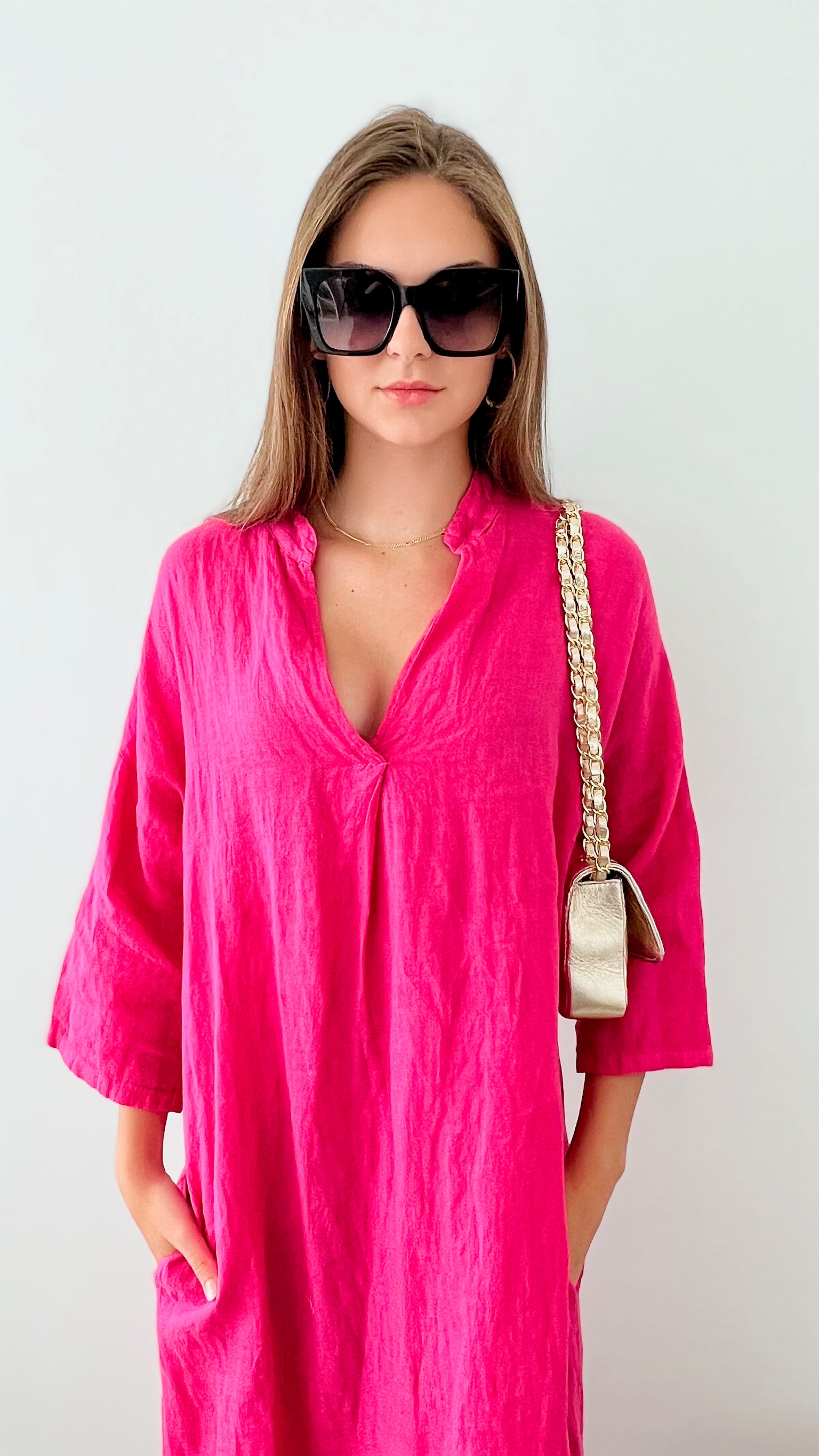 Pocketed Linen Tunic Italian Dress - Fuchsia-200 Dresses/Jumpsuits/Rompers-Yolly-Coastal Bloom Boutique, find the trendiest versions of the popular styles and looks Located in Indialantic, FL
