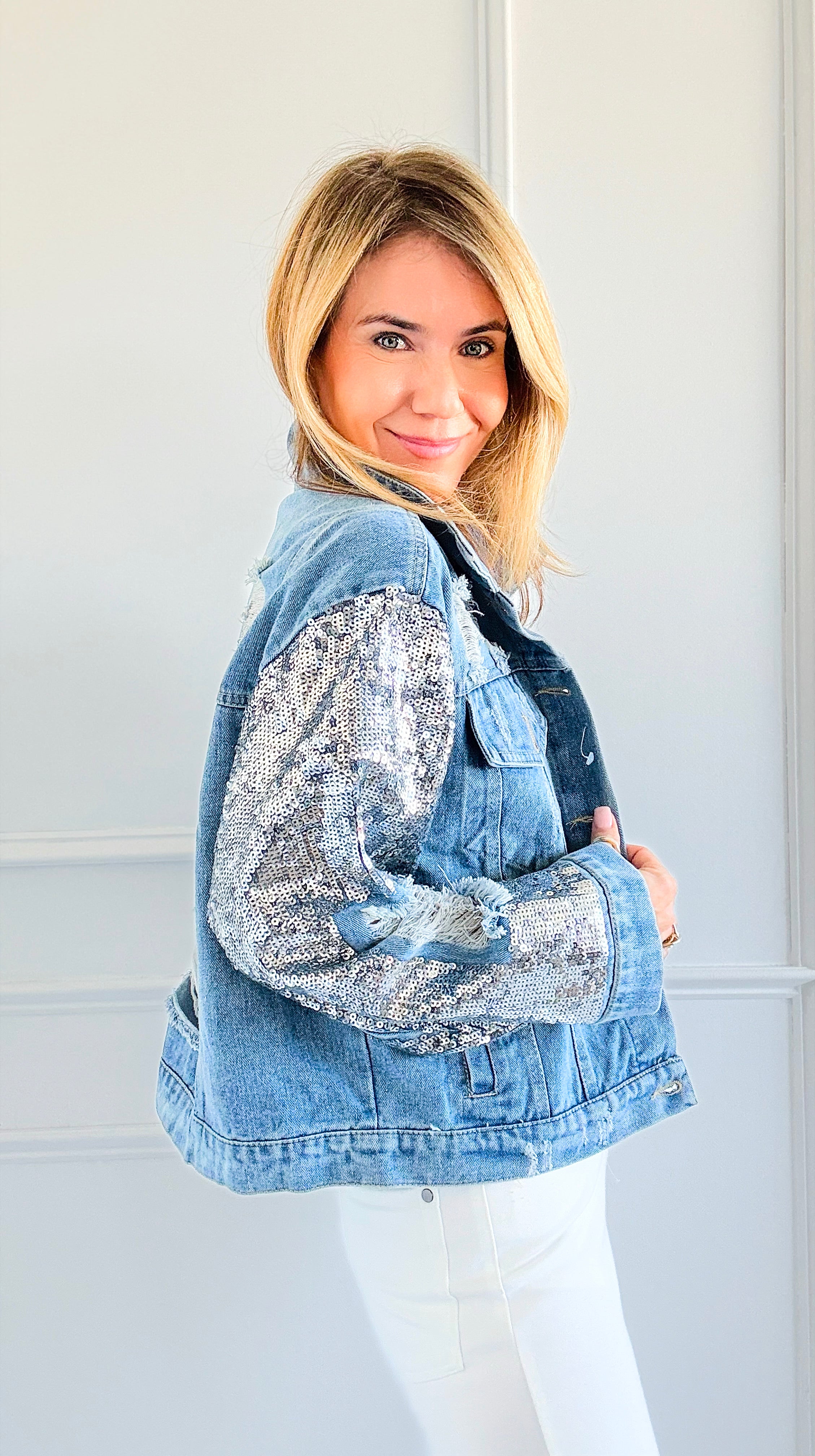 Sequined Distress Statement Jacket-160 Jackets-SALT-Coastal Bloom Boutique, find the trendiest versions of the popular styles and looks Located in Indialantic, FL