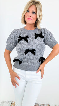 Velvet Bow Cable Knit Sweater-100 Sleeveless Tops-entro-Coastal Bloom Boutique, find the trendiest versions of the popular styles and looks Located in Indialantic, FL