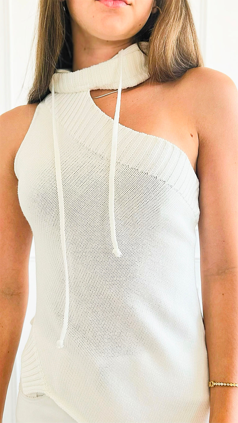 Asymmetrical Hoodie Knit Top - White-100 Sleeveless Tops-Dance and Marvel-Coastal Bloom Boutique, find the trendiest versions of the popular styles and looks Located in Indialantic, FL