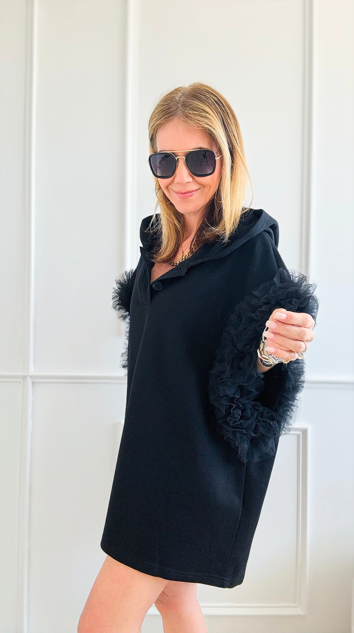 Oversized Short Ruffled Sleeved Hooded Henley - Black-110 Short Sleeve Tops-LA ROS-Coastal Bloom Boutique, find the trendiest versions of the popular styles and looks Located in Indialantic, FL