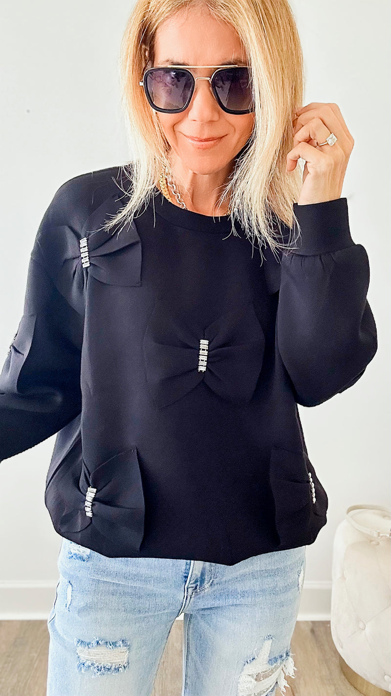 Fiora French Scuba Ribbon-Bow Sweatshirt - Black-130 Long Sleeve Tops-Joh Apparel-Coastal Bloom Boutique, find the trendiest versions of the popular styles and looks Located in Indialantic, FL