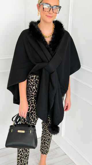 Plush Collar Wrap Poncho - Black