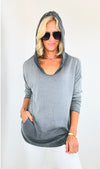 Hoodie V-Neck Italian Sweatshirt Top - Gray-130 Long Sleeve Tops-Tempo-Coastal Bloom Boutique, find the trendiest versions of the popular styles and looks Located in Indialantic, FL