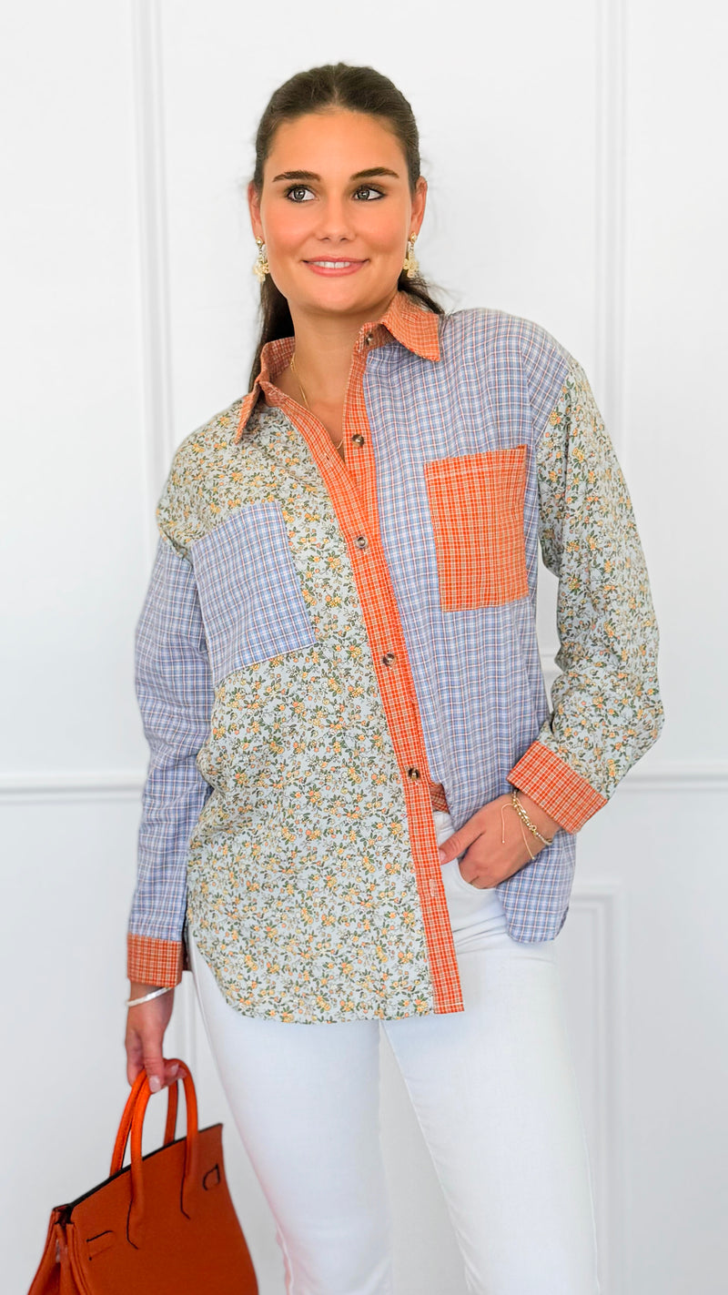 Sunset Picnic Button-Down Top-130 Long Sleeve Tops-ROUSSEAU-Coastal Bloom Boutique, find the trendiest versions of the popular styles and looks Located in Indialantic, FL