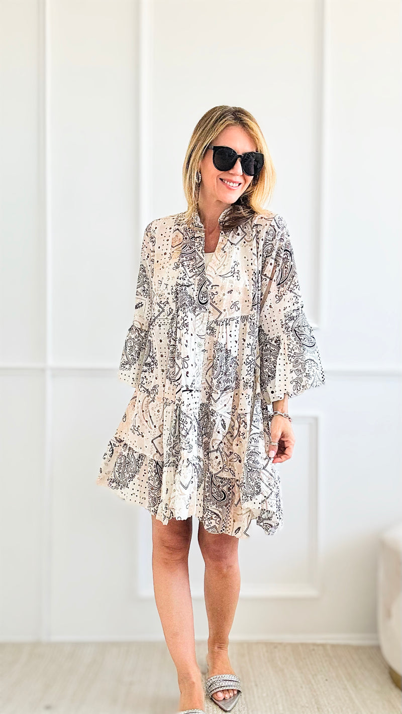 Paisley Paradise Eyelet Italian Tunic - Black/Taupe-200 dresses/jumpsuits/rompers-Italianissimo-Coastal Bloom Boutique, find the trendiest versions of the popular styles and looks Located in Indialantic, FL