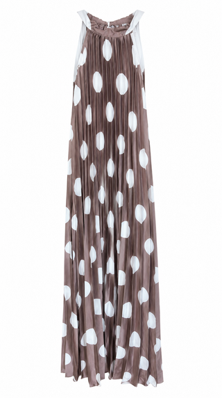 Polka Dots Pleated Sleeveless Italian Dress- Mocha
