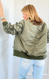 Bow Detailed Bomber Jacket - Olive-160 Jackets-Joh Apparel-Coastal Bloom Boutique, find the trendiest versions of the popular styles and looks Located in Indialantic, FL