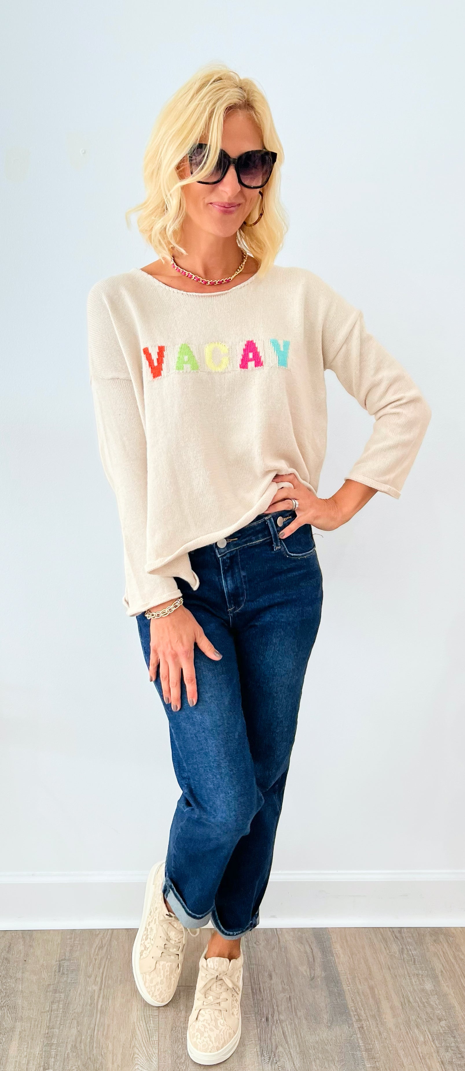 "Vacay" Lightweight Soft Sweater Top - Beige-140 Sweaters-MIRACLE-Coastal Bloom Boutique, find the trendiest versions of the popular styles and looks Located in Indialantic, FL