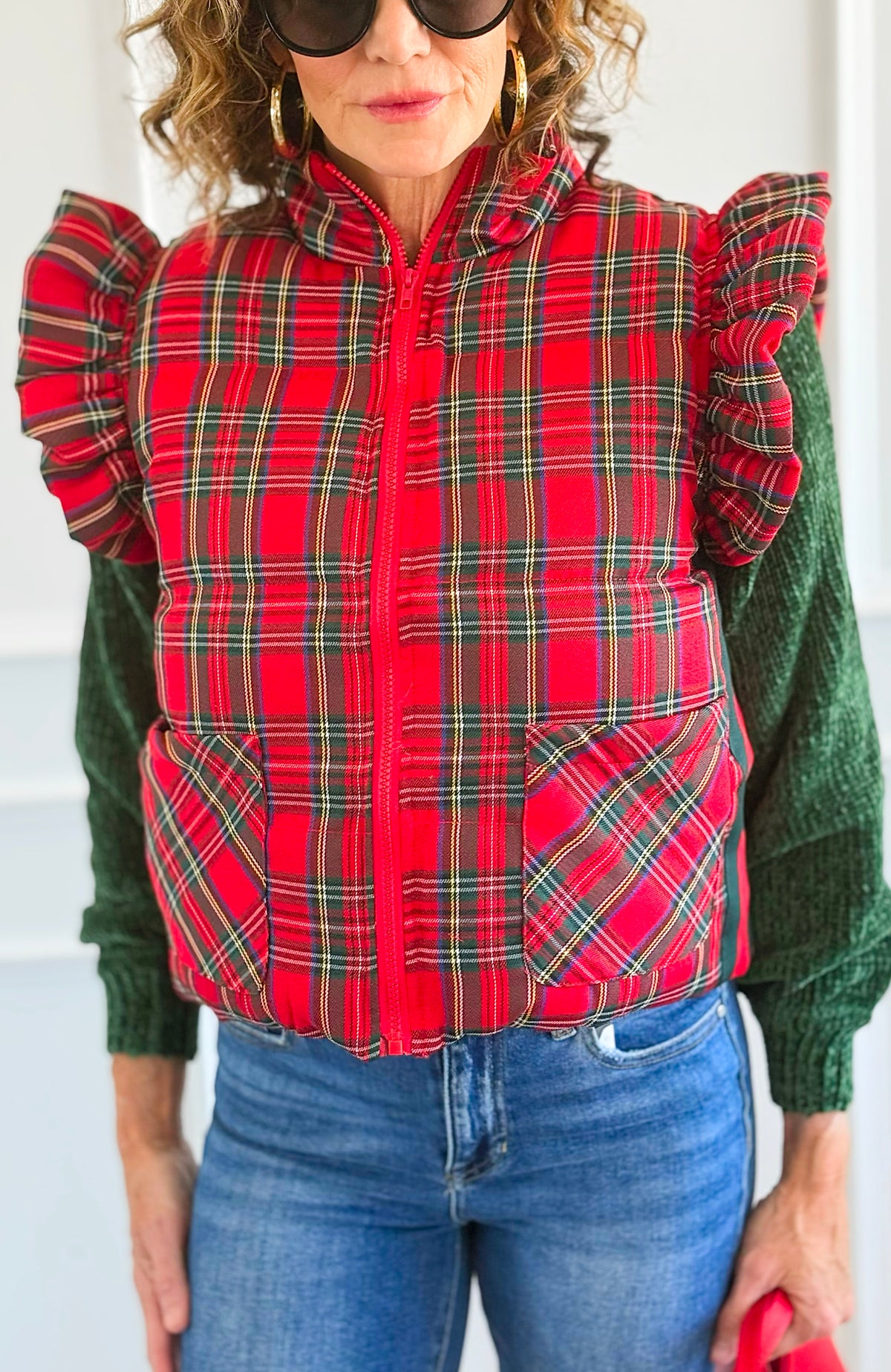 Chic Ruffled Plaid Vest-160 Jackets-JODIFL-Coastal Bloom Boutique, find the trendiest versions of the popular styles and looks Located in Indialantic, FL