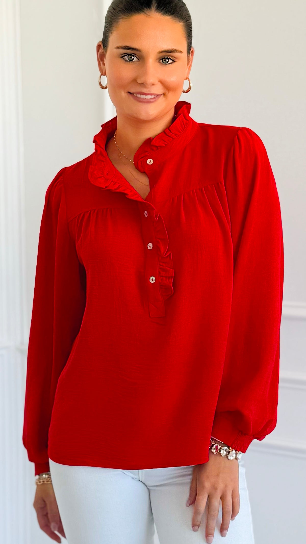 Victorian Muse Ruffle Top - Tomato Red-130 Long Sleeve Tops-JODIFL-Coastal Bloom Boutique, find the trendiest versions of the popular styles and looks Located in Indialantic, FL