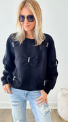 Fiora French Scuba Ribbon-Bow Sweatshirt - Black-130 Long Sleeve Tops-Joh Apparel-Coastal Bloom Boutique, find the trendiest versions of the popular styles and looks Located in Indialantic, FL
