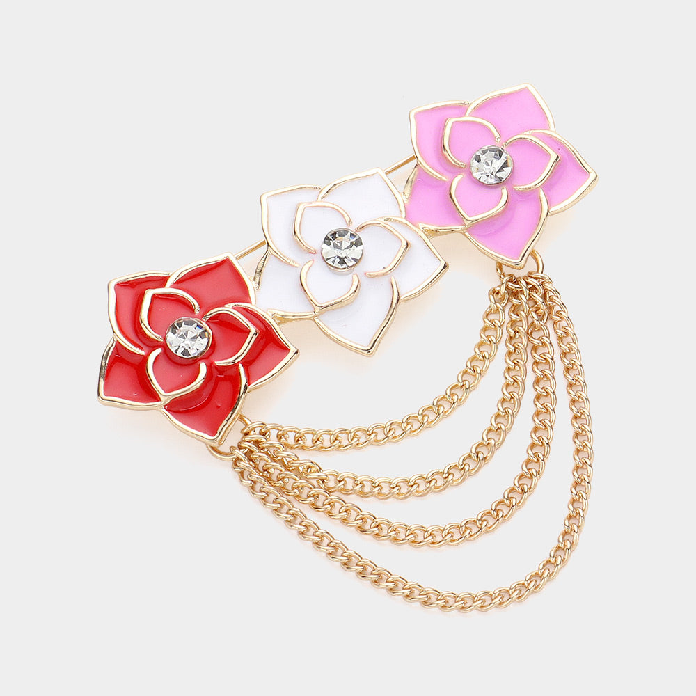 Triple Enamel Flower Chain Brooch-230 Jewelry-NYW-Coastal Bloom Boutique, find the trendiest versions of the popular styles and looks Located in Indialantic, FL