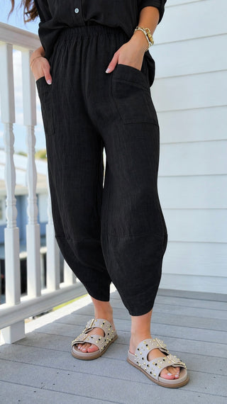 La Spezia Barrel Linen Italian Pant- Black