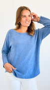 Soho Italian Boatneck Pullover - Steel Blue-140 Sweaters-Italianissimo-Coastal Bloom Boutique, find the trendiest versions of the popular styles and looks Located in Indialantic, FL