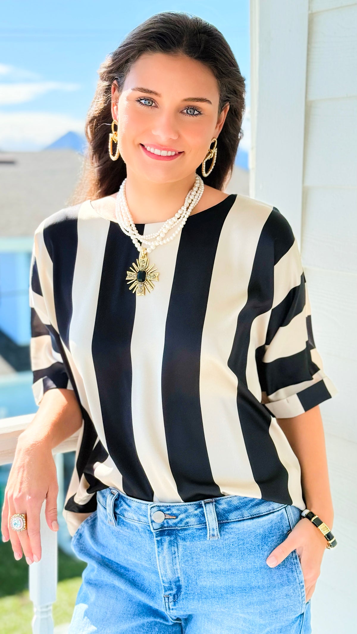 The Downtown Stripe Blouse-110 Short Sleeve Tops-GLAM-Coastal Bloom Boutique, find the trendiest versions of the popular styles and looks Located in Indialantic, FL