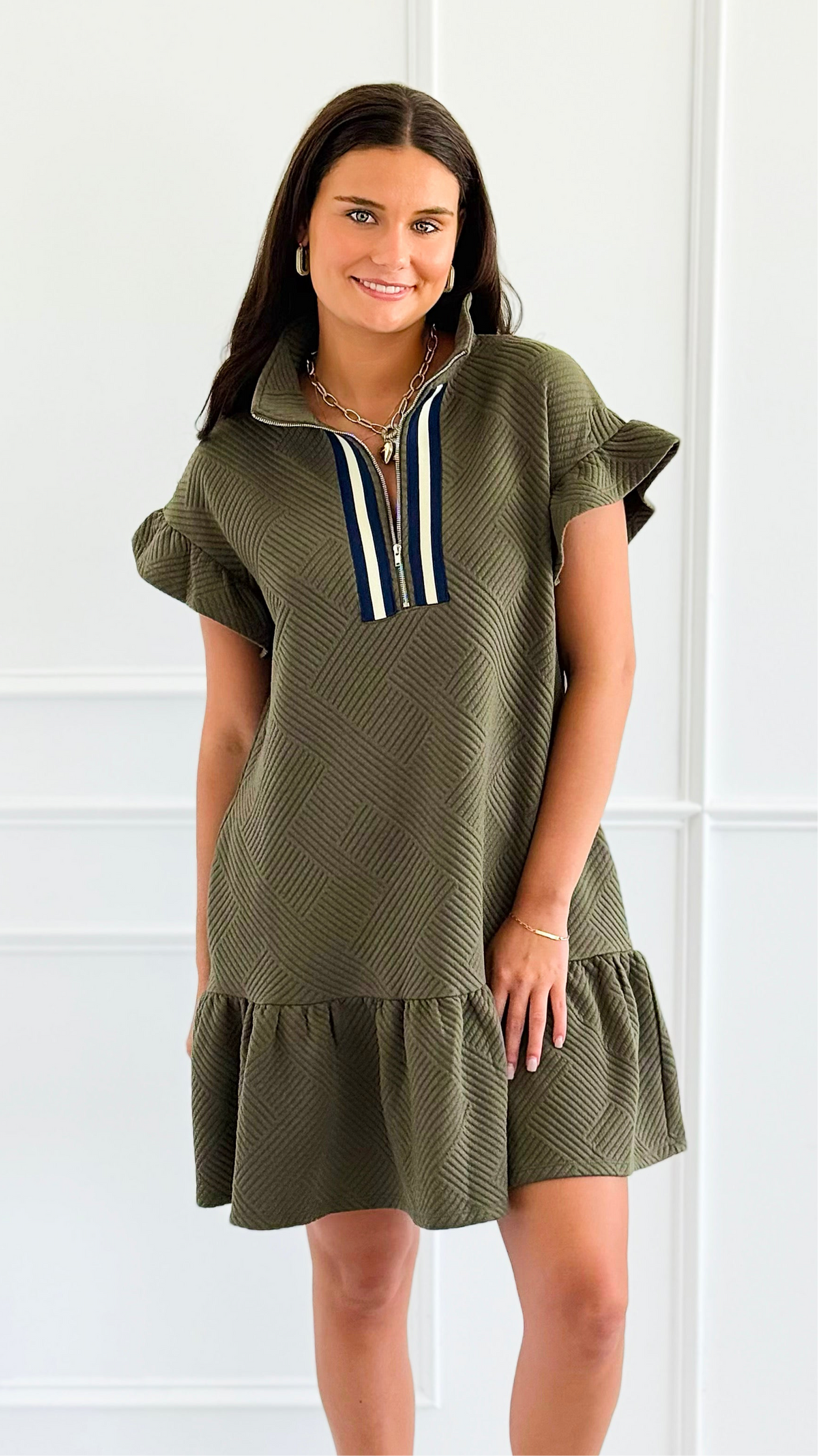 Jet Set Go Quilted Zip Mini Dress - Olive-200 Dresses/Jumpsuits/Rompers-she + sky-Coastal Bloom Boutique, find the trendiest versions of the popular styles and looks Located in Indialantic, FL