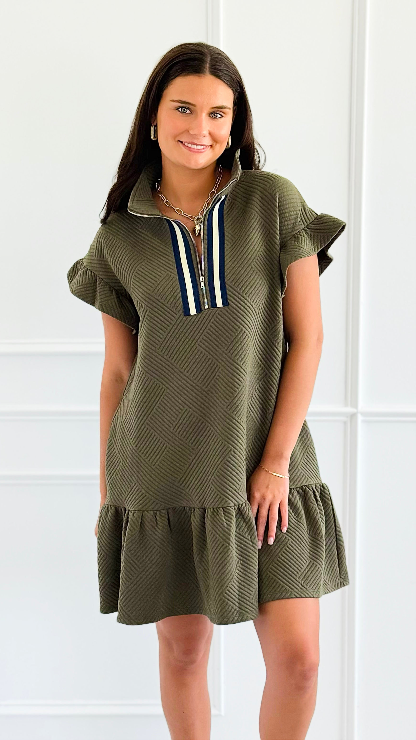 Jet Set Go Quilted Zip Mini Dress - Olive-200 Dresses/Jumpsuits/Rompers-she + sky-Coastal Bloom Boutique, find the trendiest versions of the popular styles and looks Located in Indialantic, FL