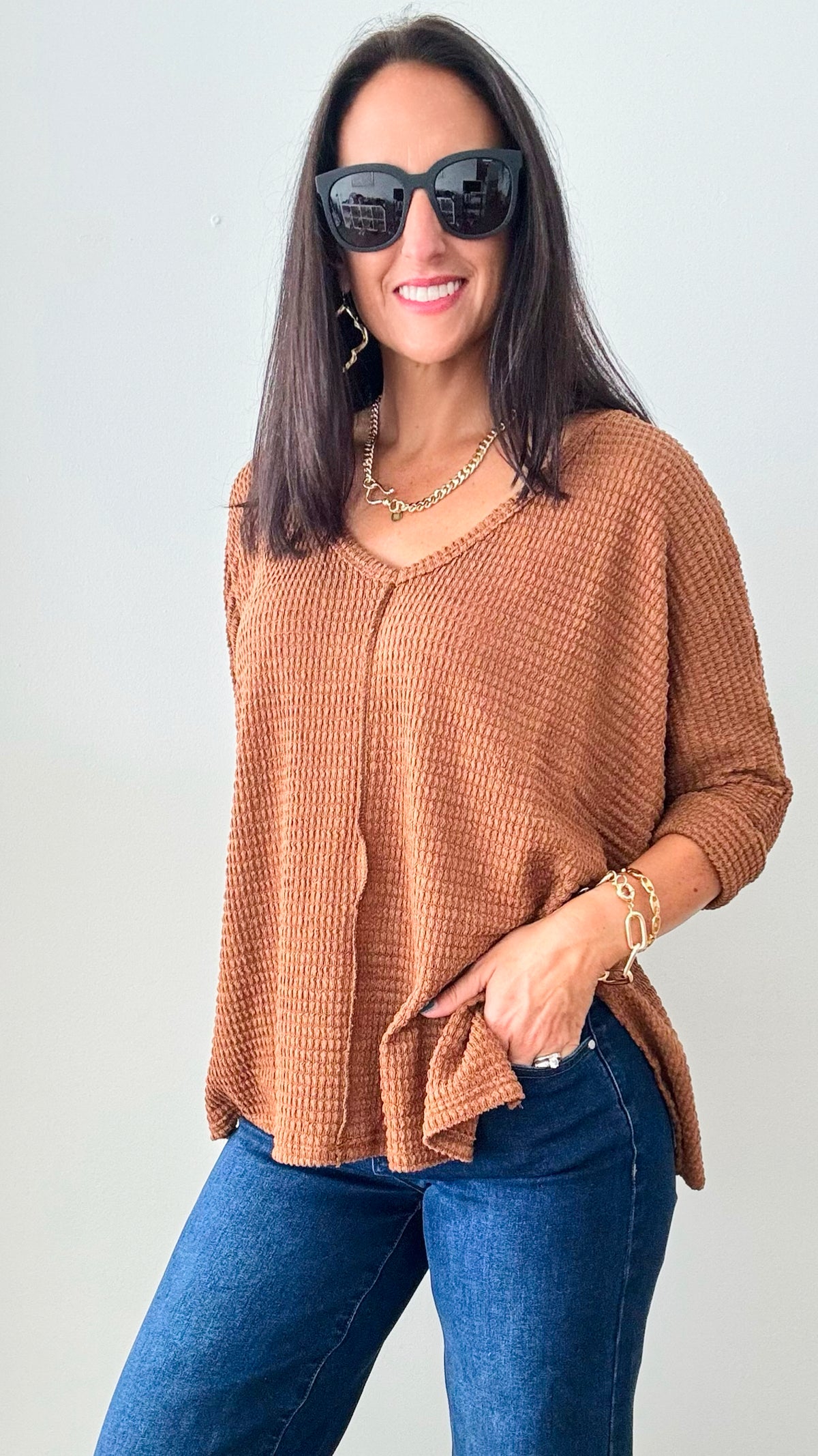 Hi-Low Hem Jacquard Sweater - Deep Camel-140 Sweaters-Zenana-Coastal Bloom Boutique, find the trendiest versions of the popular styles and looks Located in Indialantic, FL