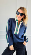 Varsity Vibe Half Zip Sweatshirt - Navy-110 Long Sleeve Tops-JODIFL-Coastal Bloom Boutique, find the trendiest versions of the popular styles and looks Located in Indialantic, FL