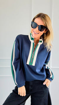 Varsity Vibe Half Zip Sweatshirt - Navy-110 Long Sleeve Tops-JODIFL-Coastal Bloom Boutique, find the trendiest versions of the popular styles and looks Located in Indialantic, FL