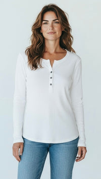 Italian Rib V-Neck Henley Top-White-110 Long Sleeve Tops-FATTURA ACCOMPAGNATORIA-Coastal Bloom Boutique, find the trendiest versions of the popular styles and looks Located in Indialantic, FL