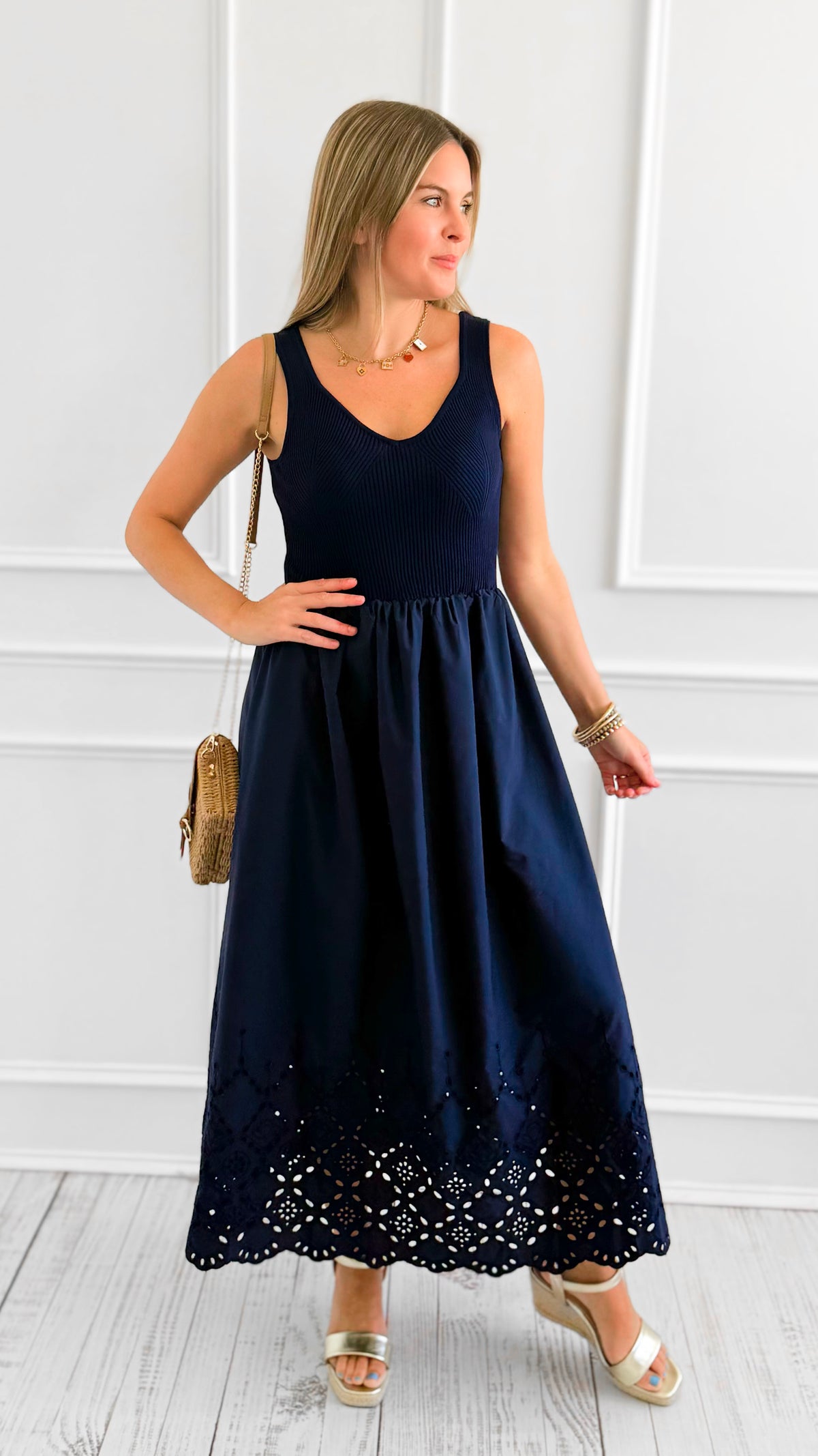 Moonlight Stroll Eyelet Dress-200 Dresses/Jumpsuits/Rompers-Blu Pepper-Coastal Bloom Boutique, find the trendiest versions of the popular styles and looks Located in Indialantic, FL