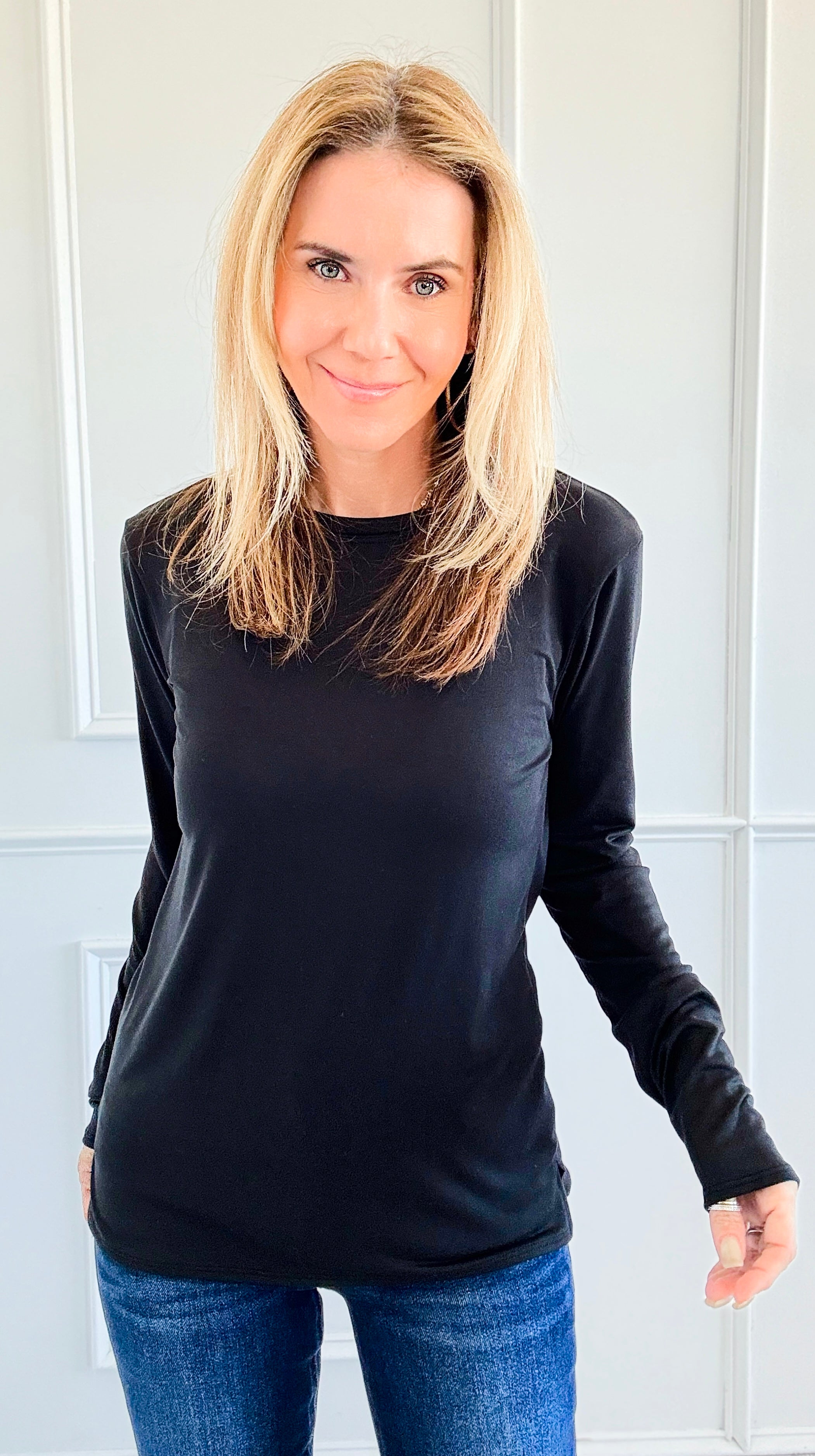 The Charlie Crew Neck Top - Black-130 Long Sleeve Tops-EC COLLECTION INC-Coastal Bloom Boutique, find the trendiest versions of the popular styles and looks Located in Indialantic, FL