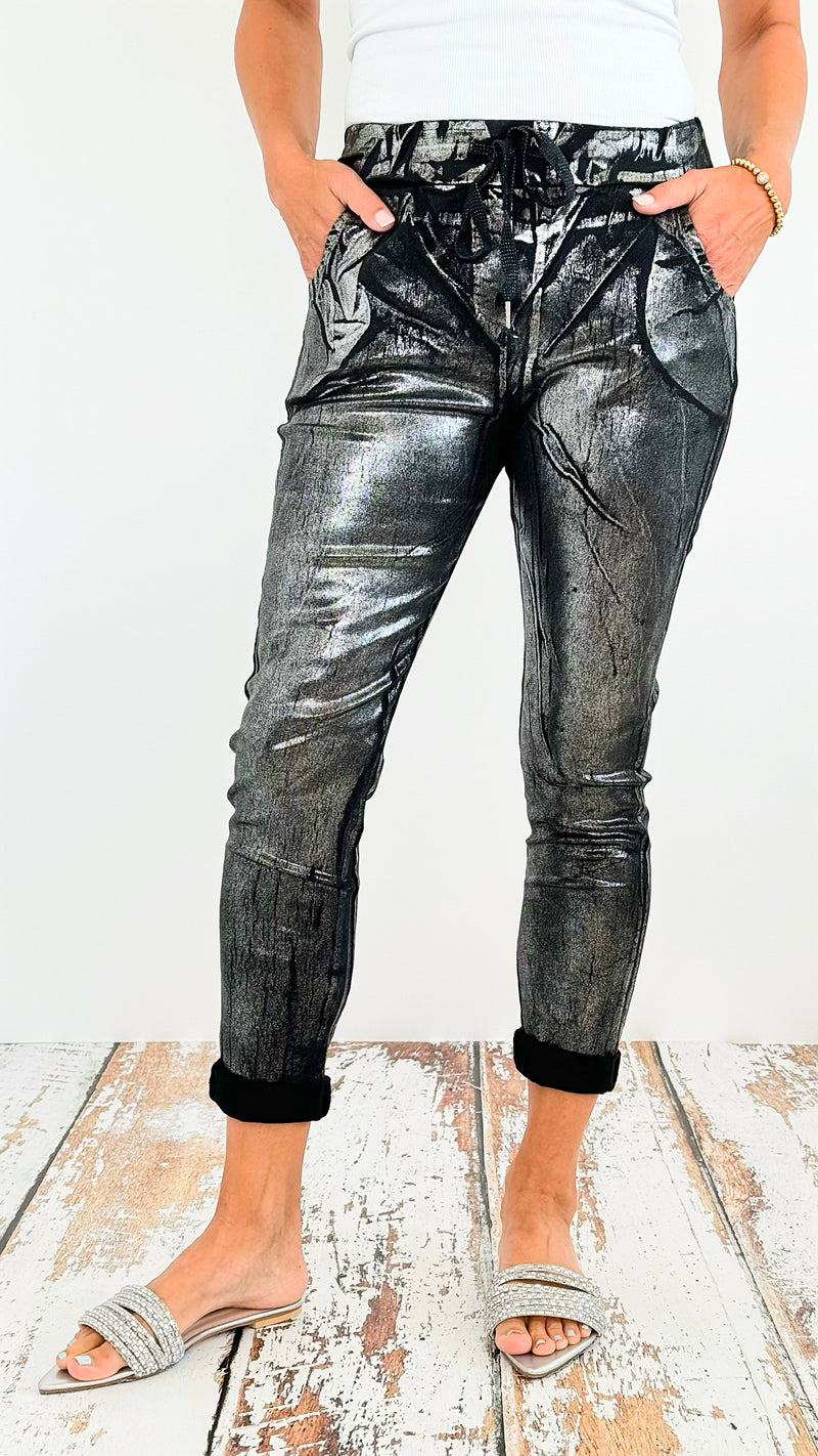 Shine-On Glistening Italian Joggers - Black/ Silver-pants-Italianissimo-Coastal Bloom Boutique, find the trendiest versions of the popular styles and looks Located in Indialantic, FL