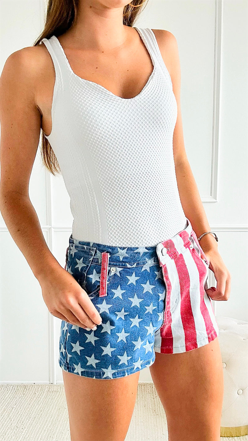 USA Flag Denim Short-170 Bottoms/Shorts-BIBI-Coastal Bloom Boutique, find the trendiest versions of the popular styles and looks Located in Indialantic, FL