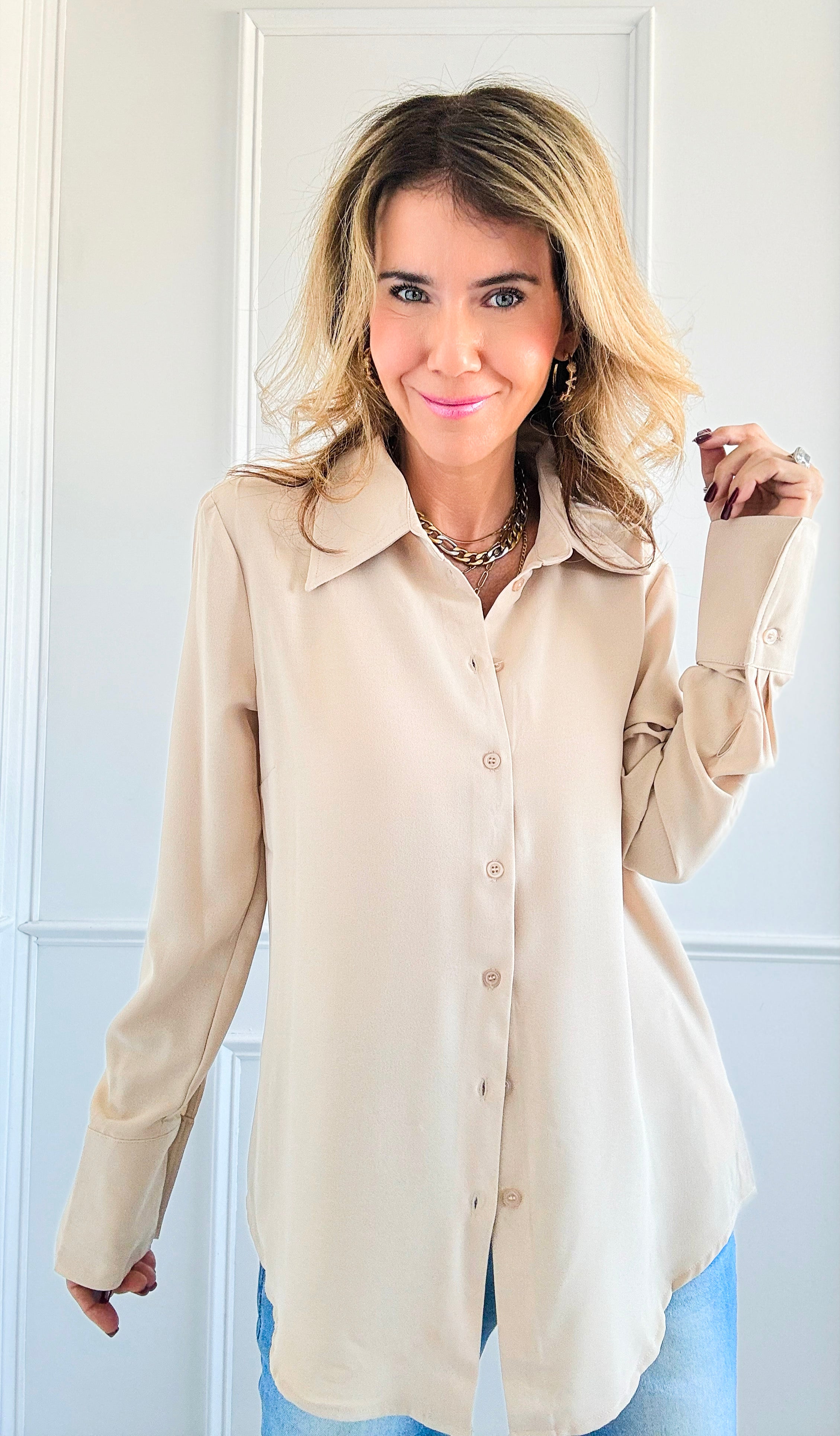 Elegant Muse Button Down Top - Beige-130 Long Sleeve Tops-Must Have-Coastal Bloom Boutique, find the trendiest versions of the popular styles and looks Located in Indialantic, FL