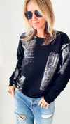 CB Custom Metallic Sweatshirt - Black-130 Long Sleeve Tops-CB-Coastal Bloom Boutique, find the trendiest versions of the popular styles and looks Located in Indialantic, FL