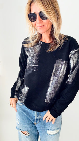 CB Custom Metallic Sweatshirt - Black/Silver-130 Long Sleeve Tops-HOLLY / CB-Coastal Bloom Boutique, find the trendiest versions of the popular styles and looks Located in Indialantic, FL