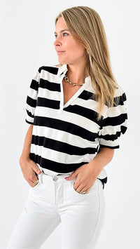 Striped Puff Sleeve Polo Top-110 Short Sleeve Tops-Jodifl-Coastal Bloom Boutique, find the trendiest versions of the popular styles and looks Located in Indialantic, FL