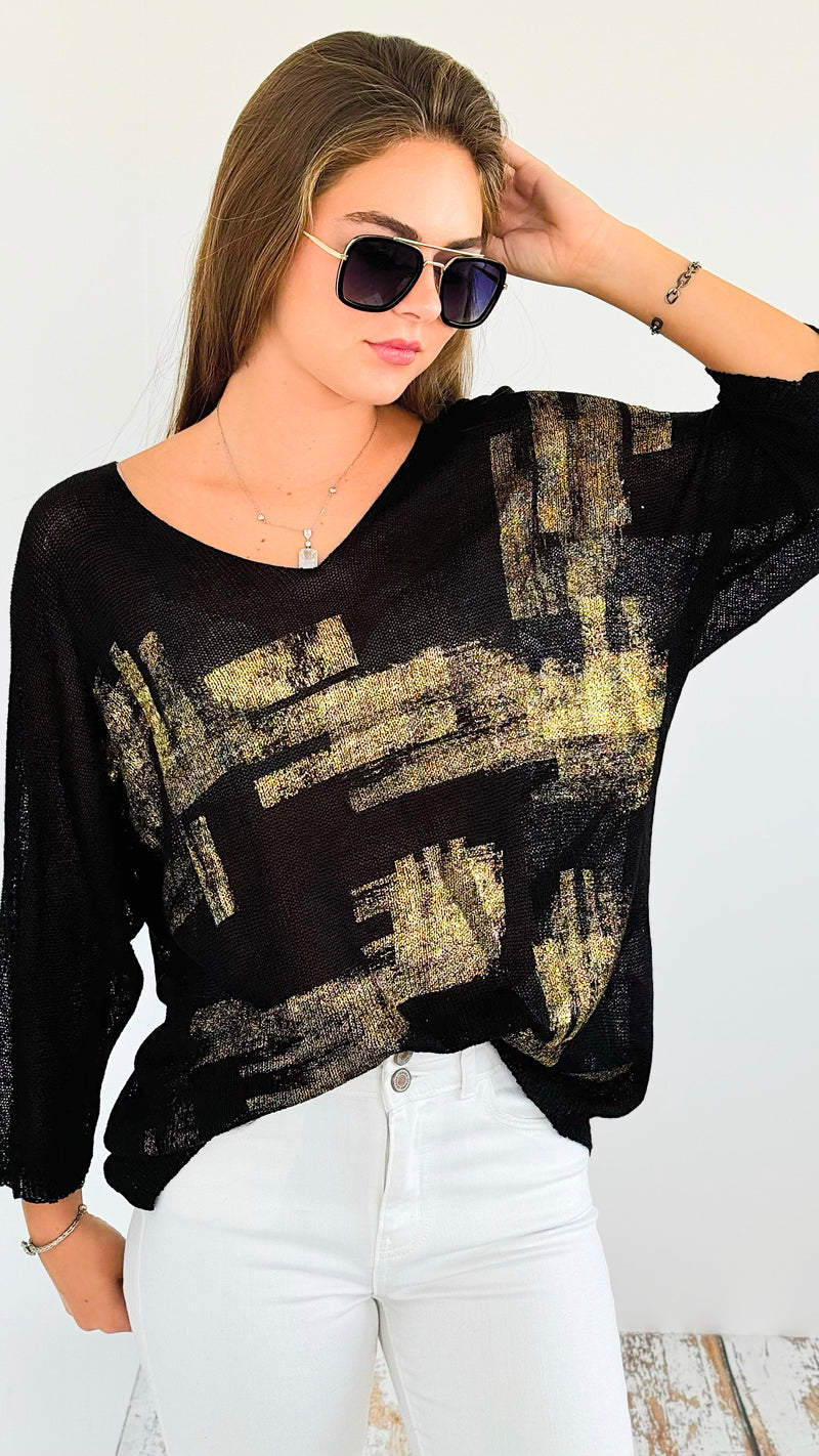 Metallic Printed Ribbed Italian Sweater - Black-140 Sweaters-UM-Coastal Bloom Boutique, find the trendiest versions of the popular styles and looks Located in Indialantic, FL